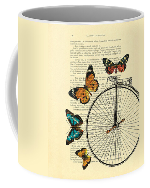 Wheel Coffee Mug featuring the digital art Penny farthing with butterflies by Madame Memento