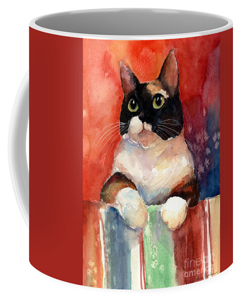 Calico Cat Coffee Mug featuring the painting Pensive Calico Tubby Cat watercolor painting by Svetlana Novikova