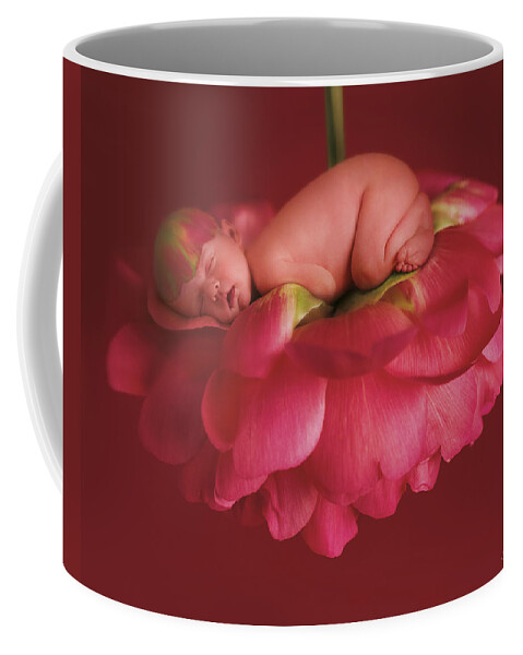 Pink Coffee Mug featuring the photograph Chelsea on a Pink Peony Rose by Anne Geddes