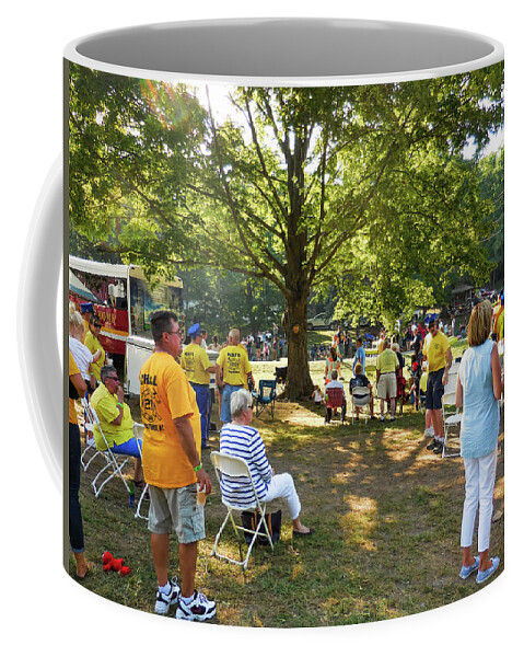 People Coffee Mug featuring the painting People gathered along the road with their lawn chairs 4 by Jeelan Clark
