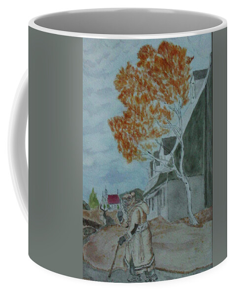 Watercolor Reproduction Pepe Coffee Mug featuring the painting Pepe walking to Church in St Famille I'le Orleans by Imagery-at- Work
