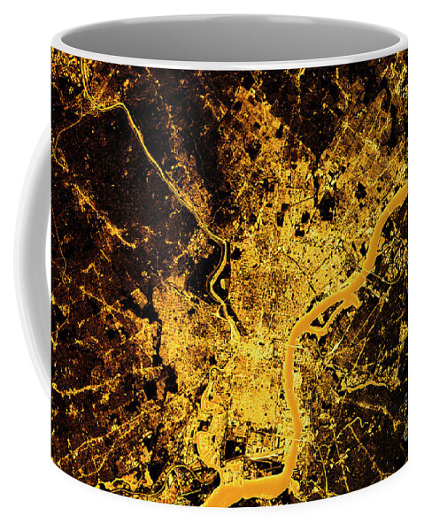 Philadelphia Coffee Mug featuring the digital art Philadelphia Abstract City Map Golden by Frank Ramspott