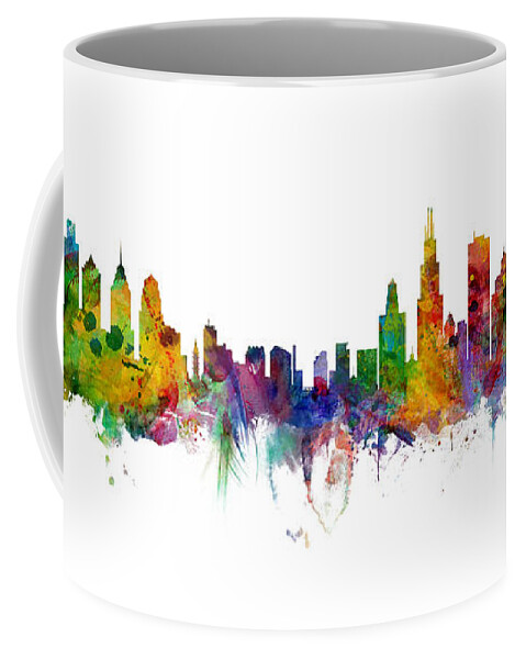 Chicago Coffee Mug featuring the digital art Philadelphia and Chicago Skylines Mashup by Michael Tompsett