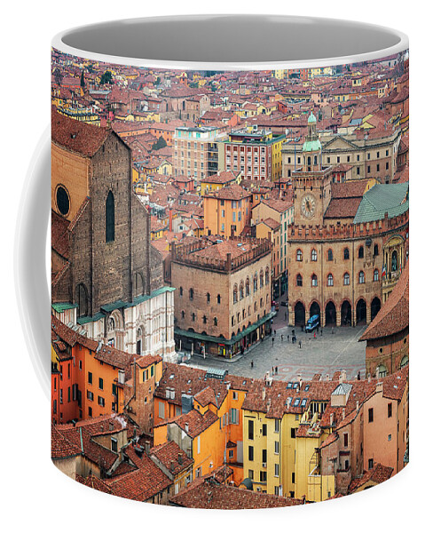 Rooftop Coffee Mug featuring the photograph Piazza Maggiore aerial view by Sophie McAulay