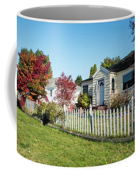 Picket Fence And Autumn Trees Coffee Mug featuring the photograph Picket Fence and Autumn Trees by Tom Cochran