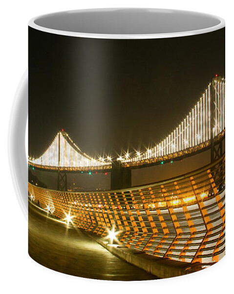 Pier 14 And Bay Bridge Lights Coffee Mug featuring the photograph Pier 14 and Bay Bridge Lights by Bonnie Follett