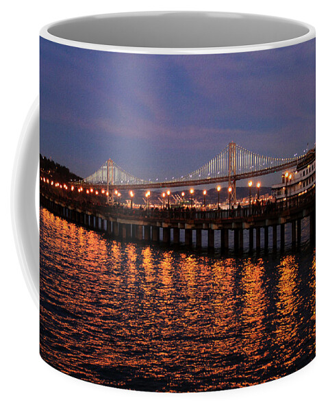 Bonnie Follett Coffee Mug featuring the photograph Pier 7 and Bay Bridge Lights at Sunset photo painting by Bonnie Follett