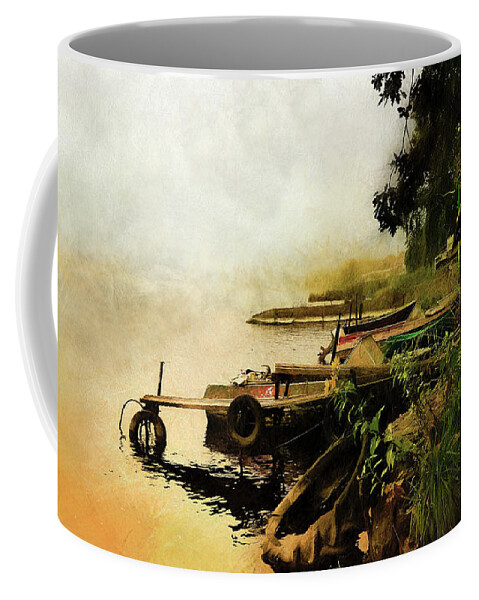 #river#water#boats#autumn#gold#fog#trees#city#pier#old#art#digital#painting#sky#photo Art #photo Painting Coffee Mug featuring the mixed media Pier In Gold by Aleksandrs Drozdovs