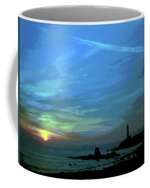 Lighthouse Coffee Mug featuring the digital art Pigeon Point Lighthouse Green Flash Sunset, Pescadero California, Abstract 2 by Kathy Anselmo
