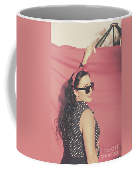 Woman Coffee Mug featuring the photograph Pin up fifties laundry lady hanging out red linen by Jorgo Photography