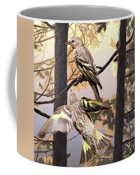 Pine Siskins Coffee Mug featuring the digital art Pine Sisikins Morning Light by Pam Little
