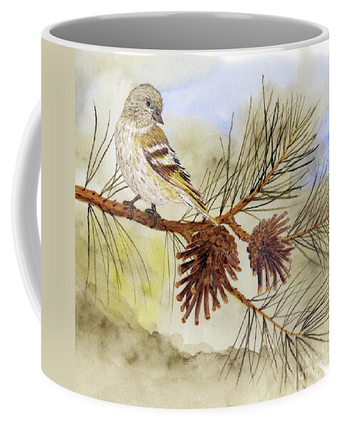 Wren Coffee Mug featuring the painting Pine Siskin among the Pinecones by Thom Glace