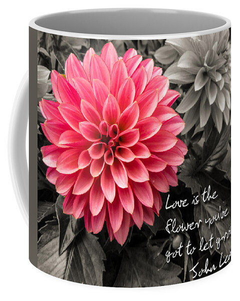 Dahlias Coffee Mug featuring the photograph Pink Dahlia with John Lennon Quote by Dawn Key