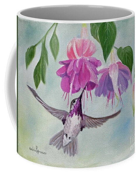 Hummingbird Coffee Mug featuring the painting Pink Fuchsias and Hummer by Julie Peterson