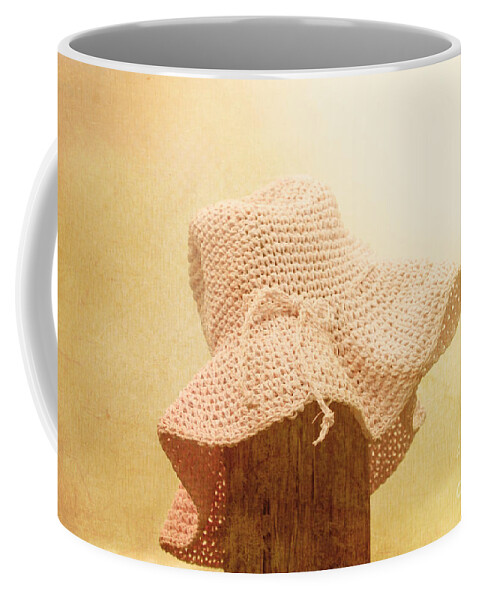 Farm Coffee Mug featuring the photograph Pink girls hat on farmyard fence post by Jorgo Photography
