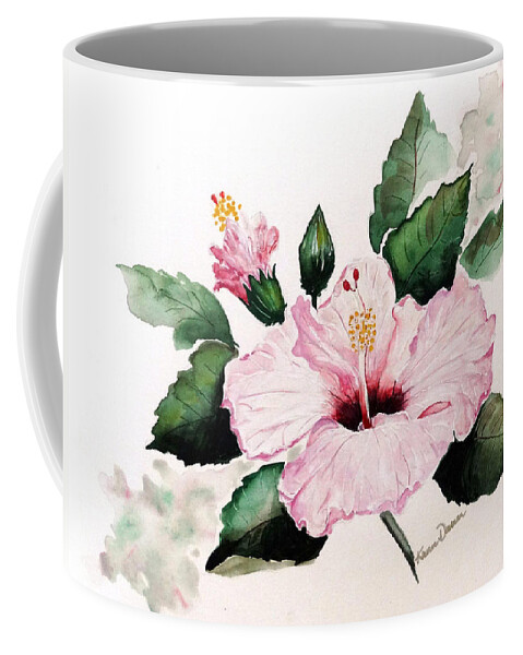 Hibiscus Painting  Floral Painting Flower Pink Hibiscus Tropical Bloom Caribbean Painting Coffee Mug featuring the painting Pink Hibiscus by Karin Dawn Kelshall- Best