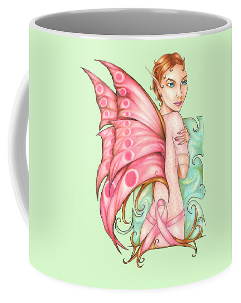 Pink Ribbon Fairy Coffee Mug featuring the drawing Pink Ribbon Fairy For Breast Cancer Awareness by Kristin Aquariann