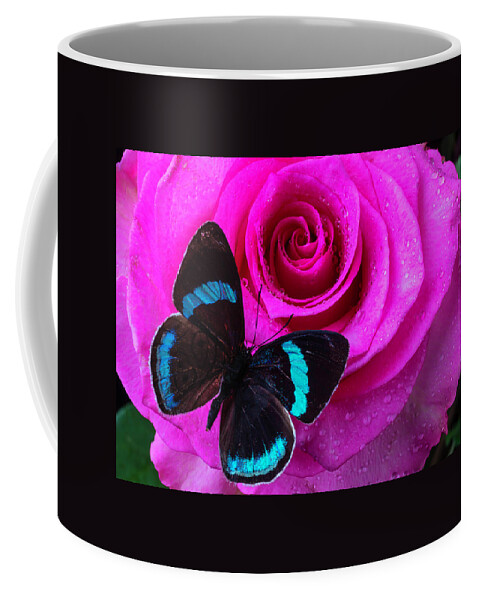 Rose Coffee Mug featuring the photograph Pink Rose And Black Blue Butterfly by Garry Gay