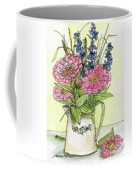 Pink Flowers Coffee Mug featuring the painting Pink Zinneas by Laurie Rohner