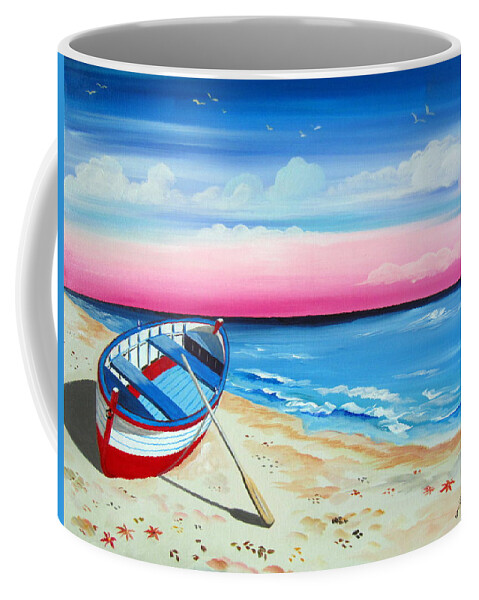 Boat Coffee Mug featuring the painting Pinkish Sunset And Boat by Roberto Gagliardi