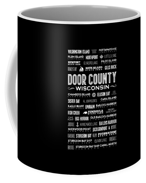 Door County Coffee Mug featuring the digital art Places of Door County on Black by Christopher Arndt