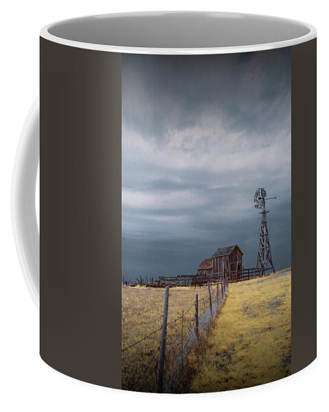 Art Coffee Mug featuring the photograph Plains Frontier Windmill and Barn at 1880's Town in Infrared by Randall Nyhof