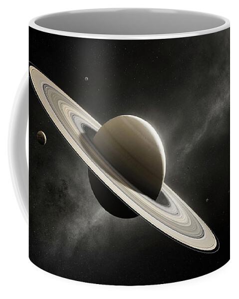 Saturn Coffee Mug featuring the photograph Planet Saturn with major moons by Johan Swanepoel