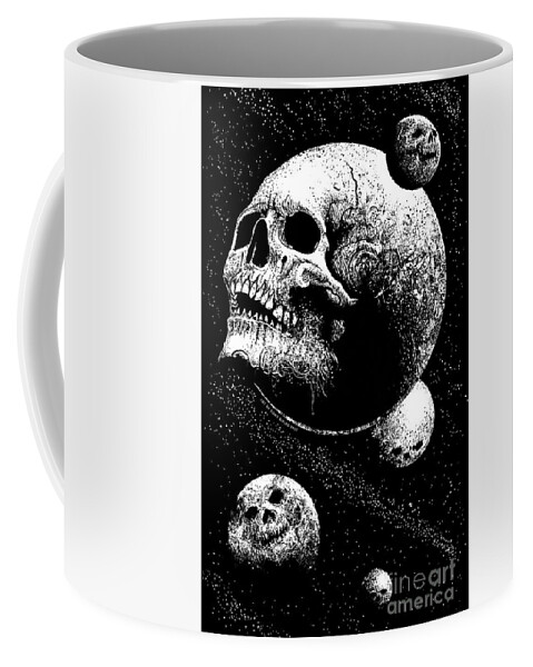 Tony Koehl; Sketch The Soul; Planets; Skull; Earth; Decay; Planetary Decay; Moon; Space; Black And White; Teeth; Death; Metal Coffee Mug featuring the mixed media Planetary Decay by Tony Koehl