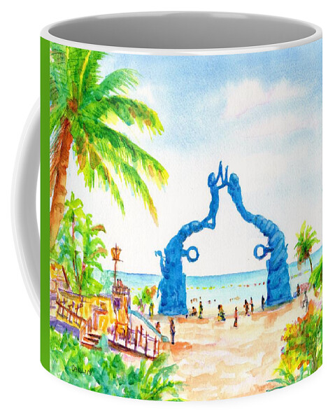 Playa Del Carmen Coffee Mug featuring the painting Playa del Carmen Portal Maya Statue by Carlin Blahnik CarlinArtWatercolor