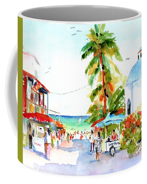 Playa Del Carmen Coffee Mug featuring the painting Playa del Carmen Shops and Church by Carlin Blahnik CarlinArtWatercolor