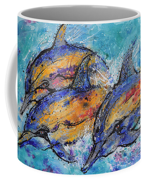 Dolphins Coffee Mug featuring the painting Playful Dolphins by Jyotika Shroff