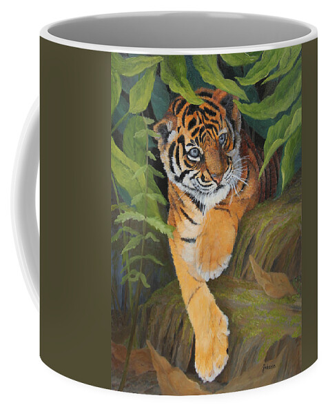 Tiger Coffee Mug featuring the painting Playful Tiger - Sumatran Tiger Cub by Johanna Lerwick