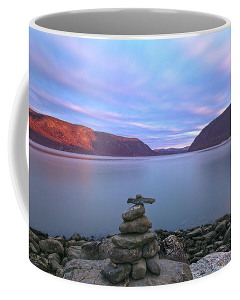 Plum Point Coffee Mug featuring the photograph Plum Point Rock Cairn At Sunset by Angelo Marcialis