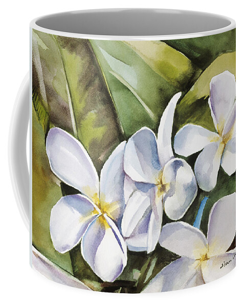 Among Coffee Mug featuring the painting Plumeria II by Han Choi - Printscapes