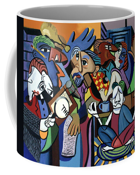 Poets Unleashed Men Talking Reading Yoga Coffee Chicken The Cubism Cubestraction Bench Impressionist Expressionism Large Giclee Canvas Print Poster Original Oil Painting On Canvas Anthony Falbo Falboart   Coffee Mug featuring the painting Poets Unleashed by Anthony Falbo