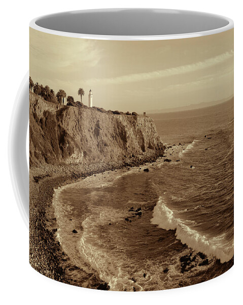 Point Vicente Lighthouse Coffee Mug featuring the photograph Point Vicente Lighthouse Palos Verdes California - Sepia rendition by Ram Vasudev