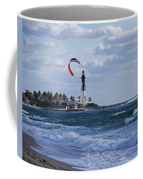 Pompano Coffee Mug featuring the photograph Pompano Beach Kiteboarder Hillsboro Lighthouse by Toby McGuire