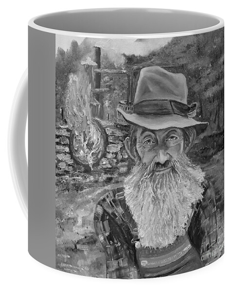 Popcorn Sutton Coffee Mug featuring the painting Popcorn Sutton - Black and White - Rocket Fuel by Jan Dappen