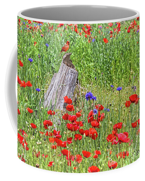 Poppies Coffee Mug featuring the digital art Poppies with a Cardinal by Bonnie Willis