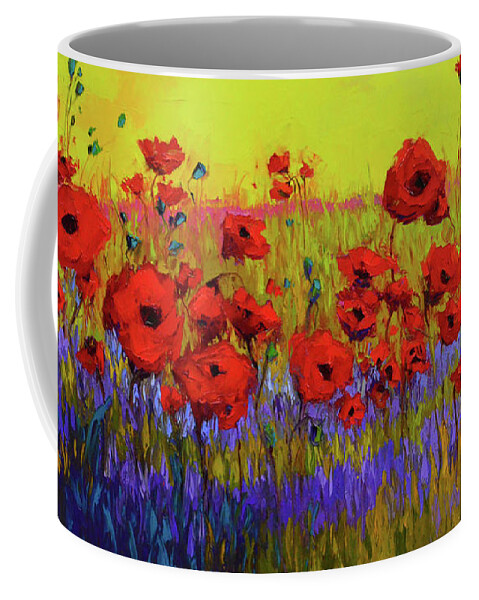 Colorful Wildflowers Coffee Mug featuring the painting Poppy Flower Field Oil Painting with Palette knife by Patricia Awapara