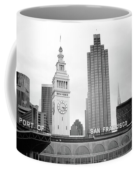 San Francisco Coffee Mug featuring the mixed media Port Of San Francisco Black and White- Art by Linda Woods by Linda Woods