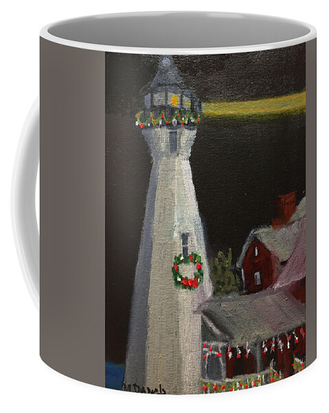 Christmas Xmas Wreath Lights Lighthouse Lake Huron Night Nocturne Coffee Mug featuring the painting Port Sanilac Lighthouse at Christmas by Michael Daniels