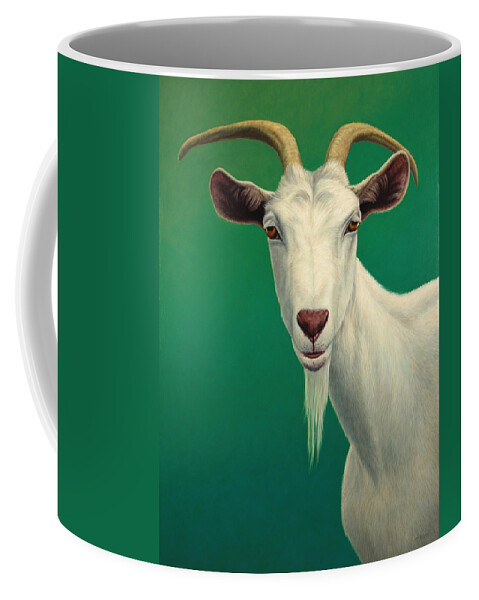 Goat Farm Animal Mammal Billy Goat White Green Animal Nature Wildlife James W Johnson Popular Famous Coffee Mug featuring the painting Portrait of a Goat by James W Johnson