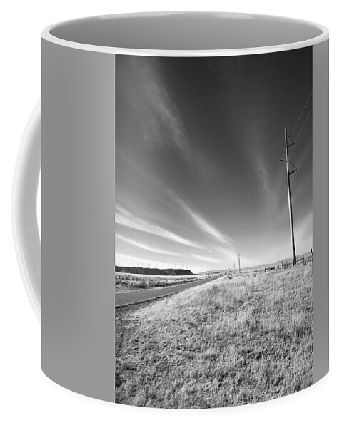 Black And White Coffee Mug featuring the photograph Power Poles To Windmills by Brad Hodges
