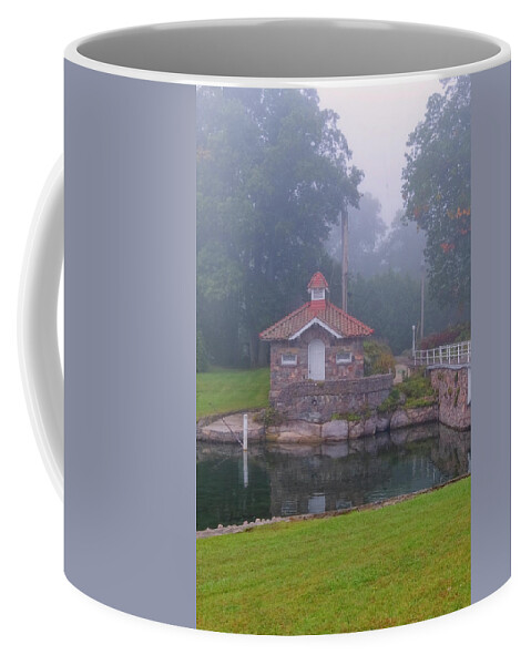 St Lawrence Seaway Coffee Mug featuring the photograph Pump House In Fog by Tom Singleton