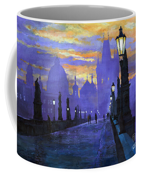 Acrilic On Canvas Coffee Mug featuring the painting Prague Charles Bridge Sunrise by Yuriy Shevchuk