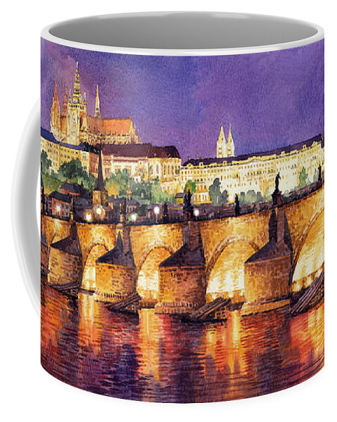 Watercolour Coffee Mug featuring the painting Prague Night Panorama Charles Bridge by Yuriy Shevchuk