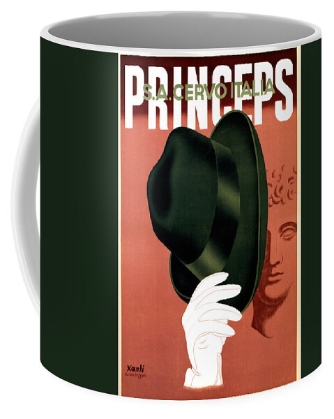 Princeps Coffee Mug featuring the mixed media Princeps - Fedora Hat - S.A.Cervo Italia - Vintage Art Deco Advertising Poster by Studio Grafiikka