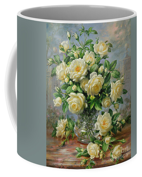 In Honour Of Lady Diana Spencer (1961-97); Still Life; Flower; Rose; Arrangement; Princess Of Wales (1981-96); Homage; Yellow; Flowers; Leafs Coffee Mug featuring the painting Princess Diana Roses in a Cut Glass Vase by Albert Williams