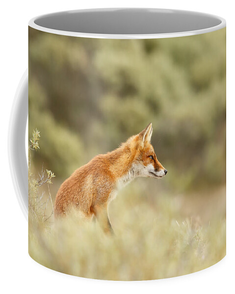 Red Fox Coffee Mug featuring the photograph Princess of the Hill - Red Fox sitting on a dune by Roeselien Raimond